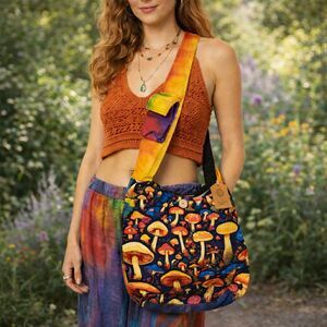 Mushroom Crossbody Hobo Bag Tie Dye Fabric Woodland Fairy Purse Handmade Nepal